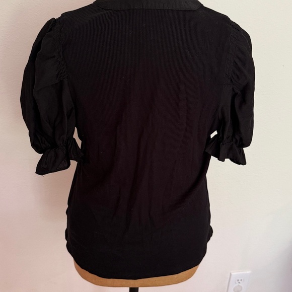 Pomander Place sz XS Black Puff Sleeve Rayon stretch Blouse great pre owned cond - Picture 4 of 9